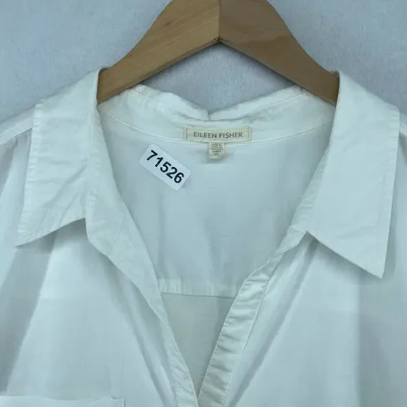 EILEEN FISHER Shirt XL Organic Cotton Woven Roll Tab Sleeve Button Front White - Picture 14 of 14